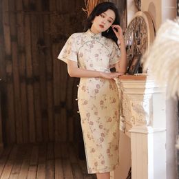 Ethnic Clothing Casual Women Print Flower Dress Slim Sexy Handmade Button Cheongsam Chinese Ladies Party Dresses Elegant Short Sleeve Qipao