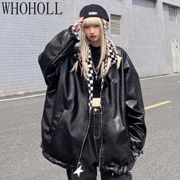 Women's Leather Faux Leather 2021 autumn Baseball Coat Women Leather Jacket Biker Bomber Coat PU Motorcycle Jackets Loose Streetwear Outerwear HKD230808