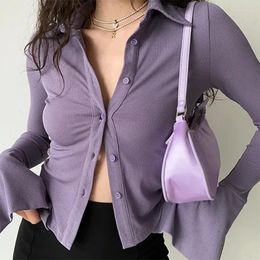 Women's Blouses Women Shirts Flared-sleeve Shirt Polo Collar Lapel Five-color All-match Slim Stretch Long-sleeved Top