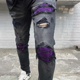 Men's Jeans Classic Slim Fit Washable Cotton Stretch Skinny Trouser Hip Hop Ripped Purple Lining Patch Pencil Pants