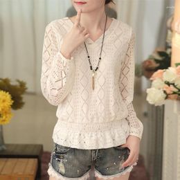 Women's Blouses Lace Woman Shirts Summer 2023 Slim Fit Long Sleeve Solid Top V-neck Patchwork Ladies Casual Clothing YCMYUNYAN