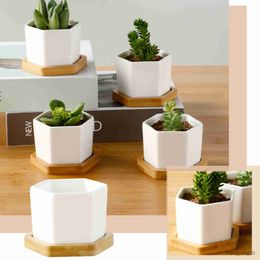 Planters Pots Pot bunga segi dengan dudukan bambu Pot tanaman sukulen putih Pot bunga Bonsai kecil Pot kantor rumah R230808