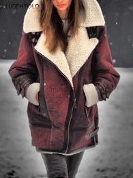 Women's Leather Faux Leather Women Vintage Winter Coat Lapel Faux Fur Zipper Loose Solid Long Sleeve Woman Jacket Lugentolo HKD230808