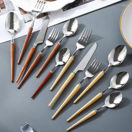 Flatware Sets 4/6/8Set Stainless Steel Cutlery Set Knife Fork Coffee Spoon Dinnerware Imitation Wood Handle Tableware Kitchen