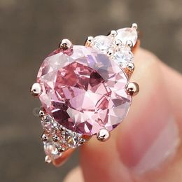 Elegant Pink Crystal Cubic Zircon Women Ring Princess Wedding Punk Band Rose Gold Color Female Finger Ring Engagement Party