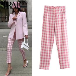 Women's Pants Capris Traf Women Clothing Summer Bottoms Vintage Streetwear High Waisted Straight Pants Office Chic Pink Plaid Trousers 230807