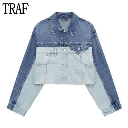 Womens Jackets TRAF Patchwork Denim Jacket Women Blue Jean Cropped Woman Long Sleeve Bomber for Streetwear Ripped Coats 230808