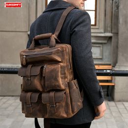 School Bags Crazy Horse Leather Men's Backpack 156 Inch Laptop Shoulder Bag Male Large Capacity Outdoor Travel Backpacks Retro 230807