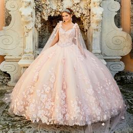 Pretty Princesa 3D Flowers Pearl Detachable Cape Watteau Blush Pink Mexicano Sweet 16 Quinceanera Dress Ball Gown 2021 Spring New 298g