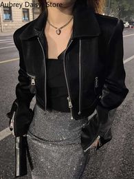 Women's Leather Faux Black Cropped Jacket Women Streetwear Moto Biker Zipper Punk Winter Irregular Fur Aviator Coat New HKD230808