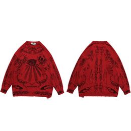 Men's Sweaters 2023 Hip Hop Knitted Sweater Streetwear Rose Eye Scorpion Print Ripped Pullover Men Harajuku Cotton Casual Autumn Skull 230807