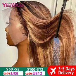 Synthetic Wigs HD 13x6 Highlight Wig Human Hair Honey Blonde Brown Coloured Lace Front For Women Pre Plucked Bone Straight Frontal 230807