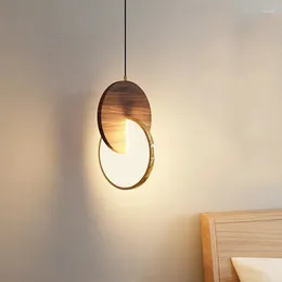 Pendant Lamps Nodic LED Lights Simple Walnut Round Bedroom Bedside Home Decor Modern Restaurant Dining Room Coffer Light Fixture