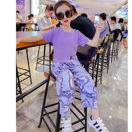 Clothing Sets Big Girls Cartoon Korean Loose Pants 2pces Summer Teen Kids Short Sleeve T-Shirt Casual Trousers Suit Boutique Child Clothes