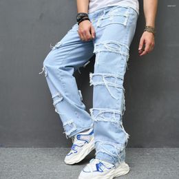 Men's Jeans 2023 Men Stylish Hip Hop Ripped Patch Straight Loose Pants Streetwear Male Solid Casual Denim Trousers