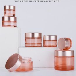 Pink Glass Jar Empty Makeup Cream Jars Travel Sample Container 5g 10g 15g 20g 30g 50g 60g 100g Bottles with Inner Liners and Rose Gold Lids for Lotion Cream Lip Balm