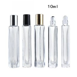 2023 new 10ml Empty Pen Square Clear Glass Roll on Bottle with gold cap stainless steel roller ball for Essential oil Perfume JL1846