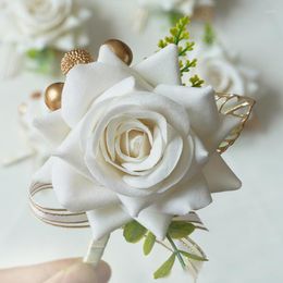 Decorative Flowers 1PC Wedding Dancing Party Decor Bridesmaid Sisters Wrist Corsages White Silk Roses Corsage Boutonniere For Guests