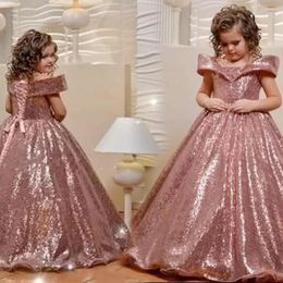 Girl Dresses Rose Gold Sequins Princess Flower Girls A Line Off-Shoulder Floor-Length Pageant Birthday Christmas