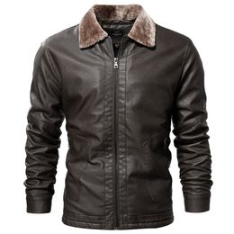 Men's Jackets Winter Fleece Warm Leather Jacket Solid Colour Fur Collar Zipper Windproof Outwear Faux Coat Motorcycle 230809
