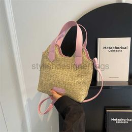 Drawstring 2023 New Summer Beach Bag Women's Contrast Panel Woven Hollow Grass Woven Bucket Bag Handheld One Shoulder Crossbody Bagstylishdesignerbags