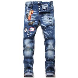 Men's Jeans Men's small straight tube embroidered jeans with torn patches and elastic paint splashing badges beggars' pants