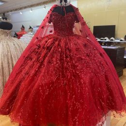 Red Sparkly Ball Gown16 Year Old Girls Beads 3D Flowers With Cape Quinceanera Dresses Birthday Party Gowns vestidos de 15