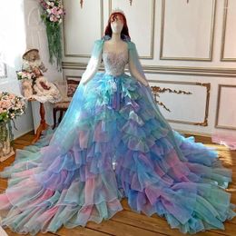 Casual Dresses 2023 Designer Mesh Prom Party Gowns Detachable Train Pretty Colourful Tulle Beads Pageant Dress Luxury Ruffles Formal
