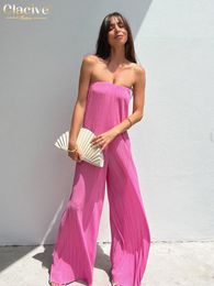 Women's Jumpsuits Rompers Clacive Summer Bodycon Pink Pleated Jumpsuit Women Fashion Loose Strapless Sleeveless Holiday Wide Jumpsuits Female Rompers 230809