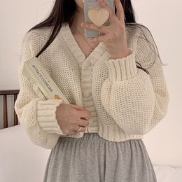 Women s Knits Tees Short Knitted Cardigan Sweet Korean V Neck Lantern Sleeve Sweaters for Women Fall Wild Simple Cropped Pink Coat 230809