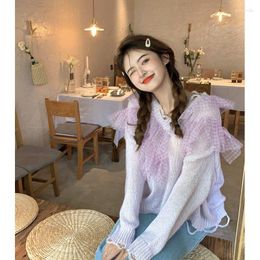 Women's Sweaters Gentle Style V-Neck Long Sleeve Knitted Sweater Heavy Industry V Neck Casual Lace Splice Wood Ear Edge Pullover Girl