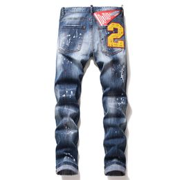 Men's Jeans Ragged Splatted Paint Men's Slim Fit Broken Emblem Elastic Jeans Vintage High end Men's Pants