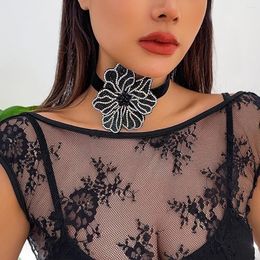 Choker Salircon Elegant Colourful Rhinestone Black Large Flower Collar Necklace Korean Velvet Wide Women's Charm Banquet Jewellery