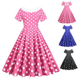 Urban Sexy Dresses Pink Polka Dot Vintage Summer Dresses Women Robe Peter Pan Collar Short Sleeve Rockabilly Dress Swing Printed Vestidos Bow 230809