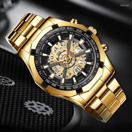Wristwatches Top Brand Men Watches Automatic Date Quartz Watch 30M Waterproof Stainless Steel Skeleton Design Gold Reloj De Hombre