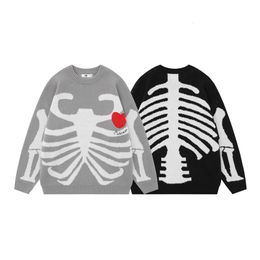 Men's Sweaters Oversize Men Streetwear Sweater Emboridery Red Heart Skulls Skeleton Bone Jacqurd Pattern Women Harajuku Knitt Wool Pullover Y2K 230809