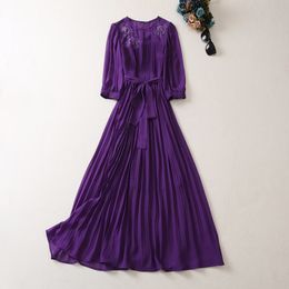 2023 Summer PurpleSolid Colour EmbroideryDress 3/4 Sleeve Round Neck Panelled Midi Casual Dresses A3Q102217