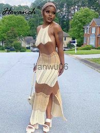 Basic Casual Dresses Hovanch Knitted Patchwork Halter LaceUp Maxi Dresses Women Sexy Backless Split Bodycon Dress Summer 2023 Beach Vacation Outfits J2308009