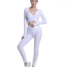 Active Sets Jacquard Foam Cloth Sport Outfit For Woman Sportswear Gym Women Cross Long Sleeve Crop Top Yoga Workout Fitness Set