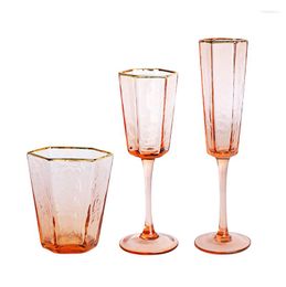 Wine Glasses 2 PCS Creative Hexagonal Hammered Gold Rim Champagne Glass Whisky Water Set Of