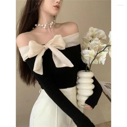 Women's Sweaters French Elegant Sweater Women Sexy Off Shoulder Bow Slash Neck Pullovers Ladies Y2K Korean Stretch Slim Long Sleeve Tops