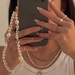 Pendant Necklaces White Pearl Phone Charm Baroque Irregular Simulated Pearl Crystal Glass Beaded Mobile Phone Chain Women Wristlet String Keychain J230809