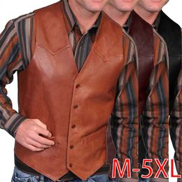 Men's Vests Men's Vintage Vest Leather Sleeveless Casual Vest Stage Performance Vest 230808