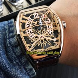 High Quality VANGUARD YACHTING GRAVITY V45 T GR YACHT SQT Gold Skeleton Dial Automatic Mens Watch Rose Gold Case Leather Strap Spo279h