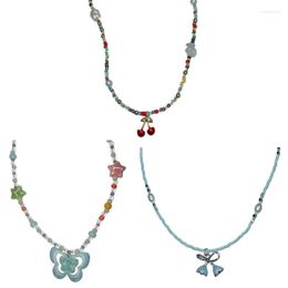 Pendant Necklaces Colorful Beaded Necklace Women Unique Cherry Butterfly Orchids Flower Clavicle Chain Jewelry HXBA