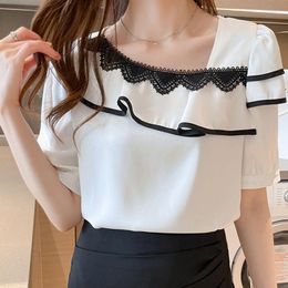 Women's Blouses Elegant Skew Collar Spliced Loose Ruffles Chiffon Blouse Clothing 2023 Summer Casual Pullovers Office Lady Shirt