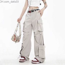 Women's Pants Capris Hip Hop Extra Large Grey Commodity Pants Women's Street Clothing Loose Pockets Wide Legs Straight High Street Retro Casual Men's Z230809
