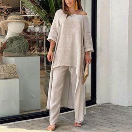 Women's Two Piece Pants 2Pcs/Set Casual Outfit Irregular Hem Dressing Up Comfy Women Solid Colour Long Top Wide Leg Set