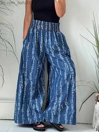 Women's Pants Capris 2023 Summer Casual Women's Pants Pleated Patch Work Elastic Waist Print Trousers Holiday Street Pants Women's Pocket Wide Leg Pants Z230809