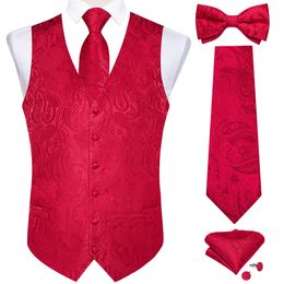 Men's Vests Wedding Red Slim Dress Men Vest Fashion Business Tuxedo Man Waistcoat Necktie Paisley Pre-tied Bow Tie Pocket Square Cufflinks 230808